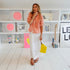 Kerri Rosenthal Tux Shirt in Cali Rose cotton voile with pintucked front and French cuffs with white cotton maxi skirt