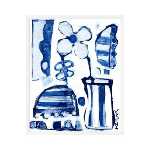 Framed abstract painting in blue and white tones featuring a stylized flower, striped vase and urn shapes, and scalloped geometric patterns, signed by the artist in the lower right corner. Artist Kerri Rosenthal.