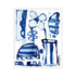 Framed abstract painting in blue and white tones featuring a stylized flower, striped vase and urn shapes, and scalloped geometric patterns, signed by the artist in the lower right corner. Artist Kerri Rosenthal.