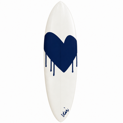 Kerri Rosenthal white surfboard with hand-painted navy drip heart and signature