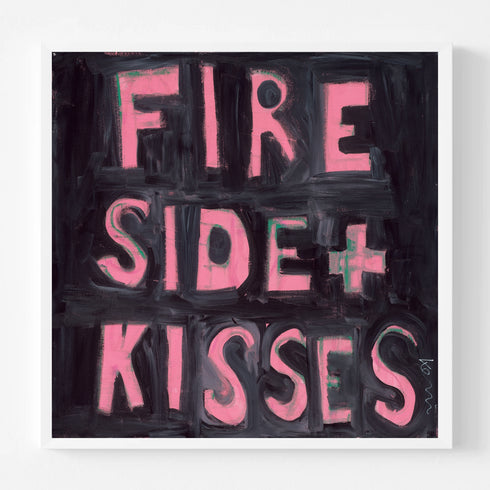 Kerri Rosenthal "Fireside + Kisses" original word art painting - pink hand-painted block letter text on black background canvas, framed in white, textured expressive brushstroke typography wall art for living room or bedroom decor