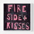 Kerri Rosenthal "Fireside + Kisses" original word art painting - pink hand-painted block letter text on black background canvas, framed in white, textured expressive brushstroke typography wall art for living room or bedroom decor