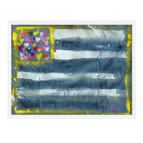 Abstract Flag painting with blue, white, and multicolored heart design on a white background. With White Frame. Artwork by Kerri Rosenthal.