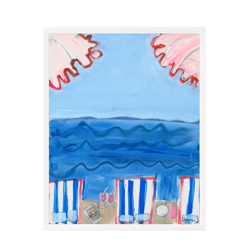 Miami Beach by Kerri Rosenthal — a coastal art print of blue waves, striped cabanas, and pink umbrellas.