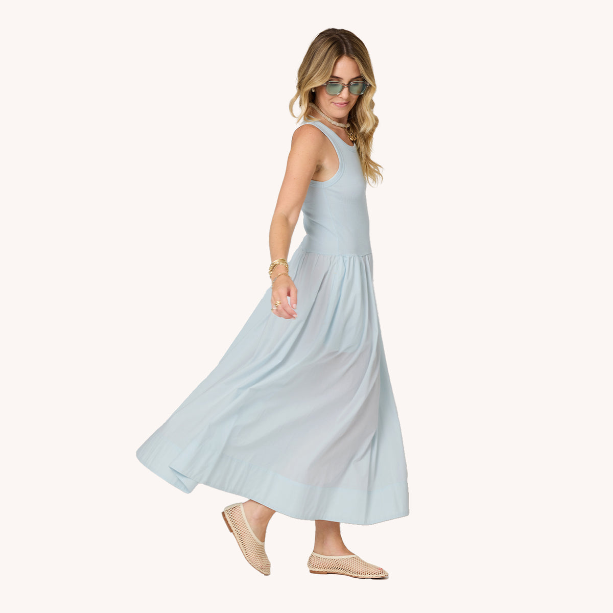 light blue sleeveless dress V-Neck Lace Panelled Sleeveless Maxi Dress in Baby Blue Blue L