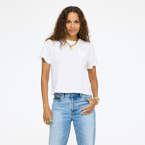 Slub white tee shirt in cotton with relaxed fit and heart patch pocket - Shop women's cute cotton tees by Kerri Rosenthal