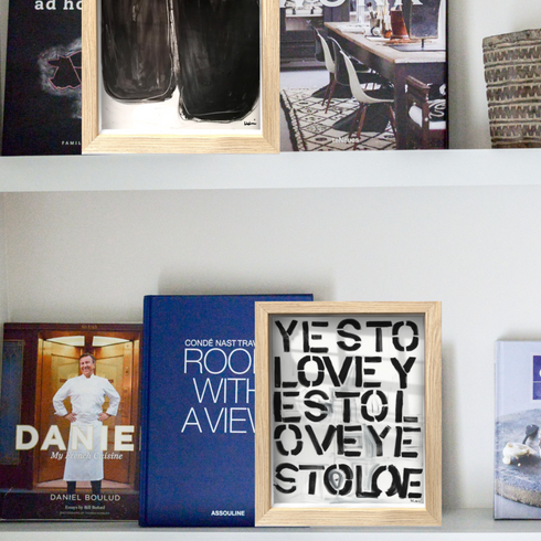 Yes To Love Oak Shadow Box black white word art by Kerri Rosenthal - Unique artwork for living room decor