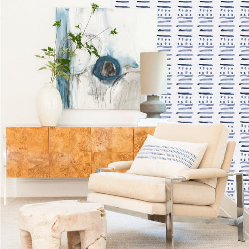 Cute White & Blue Indigo stripes & dots 14 Layers Wallpaper by Kerri Rosenthal