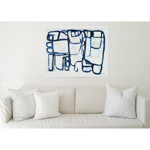 2 Amigos Art Print is a white ground indigo blue modern abstract original artwork contemporary wall art by for all white living room, office or living space Kerri Rosenthal