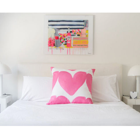 White ground with pop pink hearts Alotta Love decorative throw pillows by Kerri Rosenthal