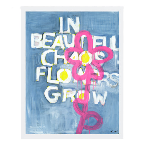 Beautiful Chaos word wall art in white frame - A vibrant abstract contemporary pink flower - original artwork by Kerri Rosenthal