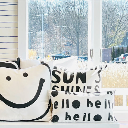 Black and white Oh Hi cute decorative throw pillows by Kerri Rosenthal in square and lumbar throw pillows for couch