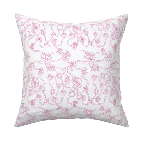 Daisy Pop Pink with white ground cotton and oyster linen fabric pillow - Kerri Rosenthal