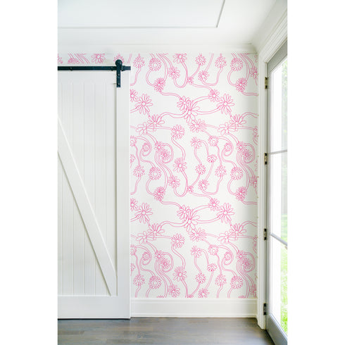 Floral White ground with pink eco-friendly daisy pop pink wallpaper by Kerri Rosenthal - designer wall paper