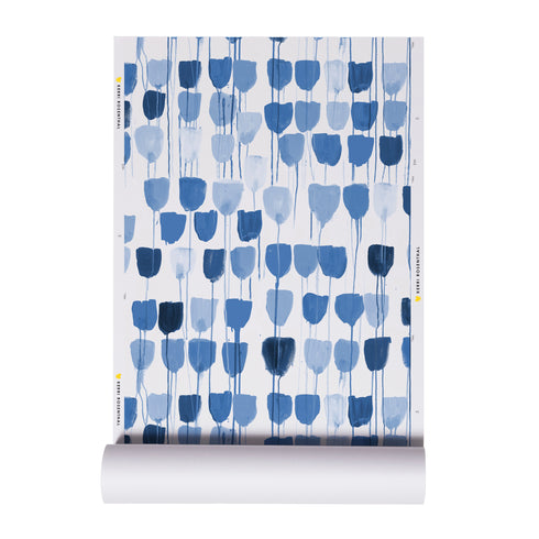 Trendy Indigo blue drippy tulips eco- friendly floral wallpaper delft by Kerri Rosenthal