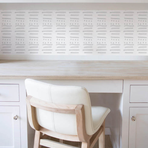 Luxury 14 Layers dove light grey stripe wallpaper on accent wall by Kerri Rosenthal wall paper collection