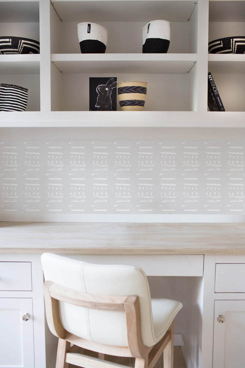 Trendy Grey white stripe 14 Layers Reverse Dove Wallpaper on accent wall by Kerri Rosenthal - designer wall paper