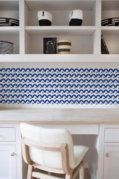 High quality Unique Indigo blue happy land eco-friendly wallpaper on accent wall by Kerri Rosenthal - designer wall paper