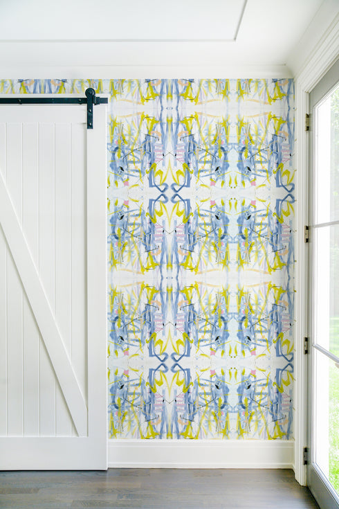 Designer High quality White ground with blue yellow tell me why original wallpaper by Kerri Rosenthal - designer wall paper