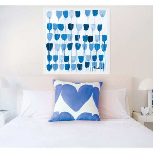 White ground with blue heart Alotta Love delft decorative throw pillow by Kerri Rosenthal