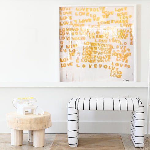 The Evolution Of Love yellow golden word art print by Kerri Rosenthal - Unique artwork for living room wall decor