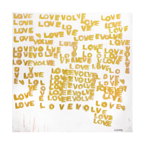 The Evolution Of Love yellow golden word art print by Kerri Rosenthal - Unique artwork for living room wall decor