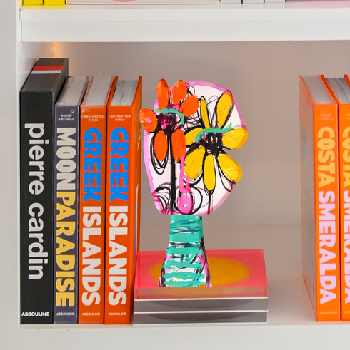 Fleur Rock of Love multicolor acrylic sculpture home decor styled in bookcase- Shop unique decorative gifts for the living room or any space, by Kerri Rosenthal