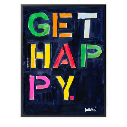 Get Happy indigo blue with colorful word art print by Kerri Rosenthal - Unique artwork for living room wall decor