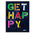 Get Happy indigo blue with colorful word art print by Kerri Rosenthal - Unique artwork for living room wall decor