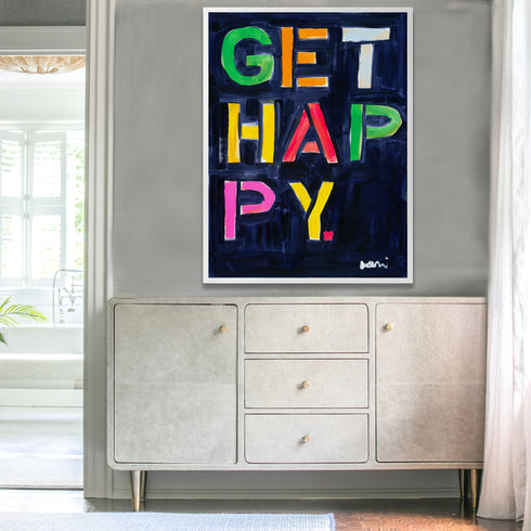 Get Happy indigo blue with colorful word art print by Kerri Rosenthal - Unique artwork for living room wall decor