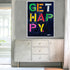 Get Happy indigo blue with colorful word art print by Kerri Rosenthal - Unique artwork for living room wall decor