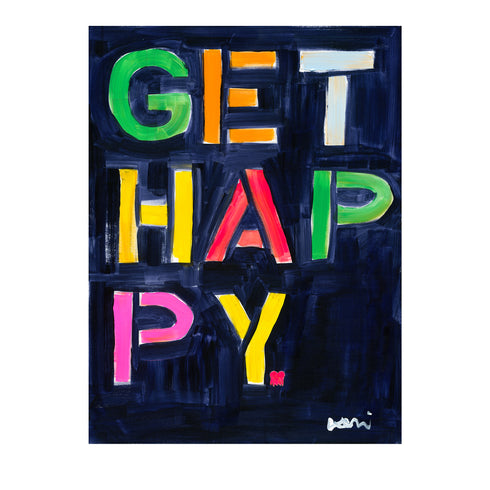Get Happy indigo blue with colorful word art print by Kerri Rosenthal - Unique artwork for living room wall decor