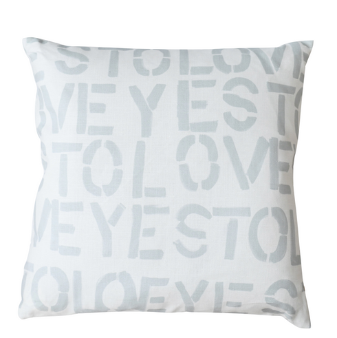 Grey Yes To Love dove square decorative throw pillows by Kerri Rosenthal