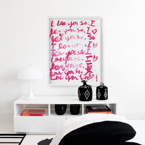 I Love You So pop pink word art print by Kerri Rosenthal - Unique artwork for living room wall decor