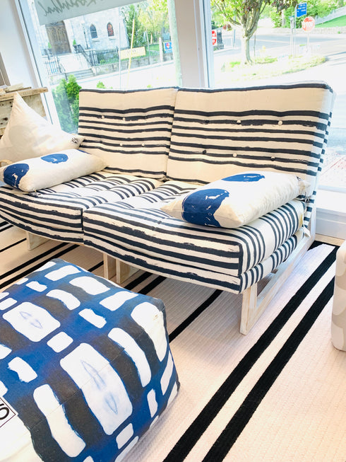 Stripe on stripe midnight blue cotton and oyster linen fabric - Kerri Rosenthal
