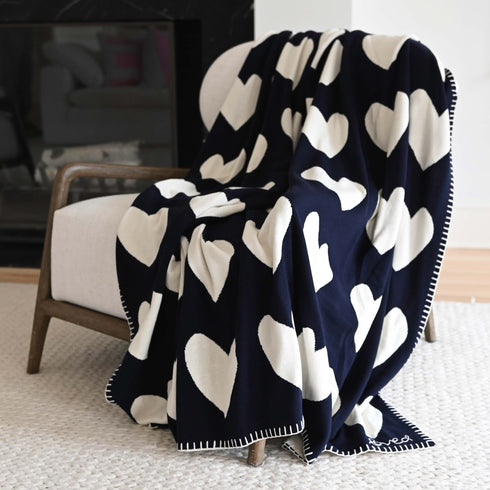 Indigo Navy Blue and White Imperfect Heart soft cotton cashmere blend throw blanket - blankets by Kerri Rosenthal