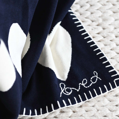Indigo Navy Blue and White Imperfect Heart soft cotton cashmere blend throw blanket - blankets by Kerri Rosenthal