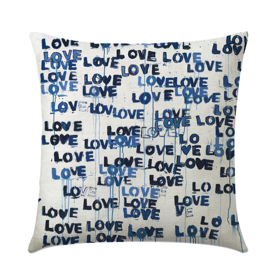 Indigo blue Love Letters cute square decorative throw pillows by Kerri Rosenthal