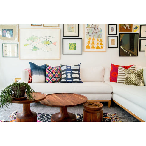 Indigo blue Paper Puzzle cute decorative square throw pillows on couch by Kerri Rosenthal