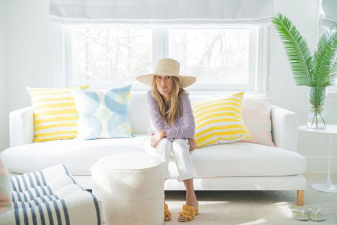 Indigo blue Ships Ahoy cute decorative square throw pillows on couch by Kerri Rosenthal