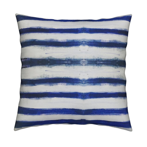 Indigo blue Ships Ahoy striped decorative square throw pillows by Kerri Rosenthal