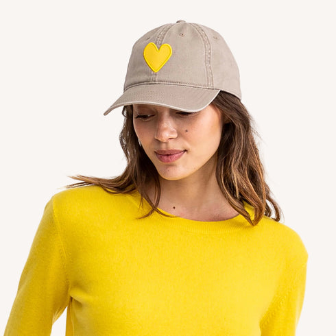 Sand khaki Baseball Hat Sunshine Yellow Heart Patch - cute baseball hats for women by Kerri Rosenthal