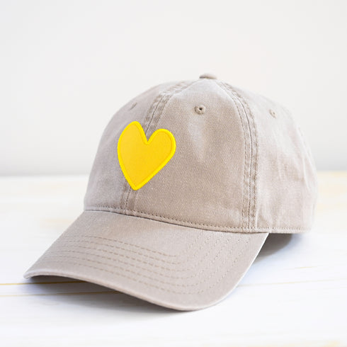 Sand khaki baseball hat sunshine yellow heart patch - cute baseball hats for women by Kerri Rosenthal