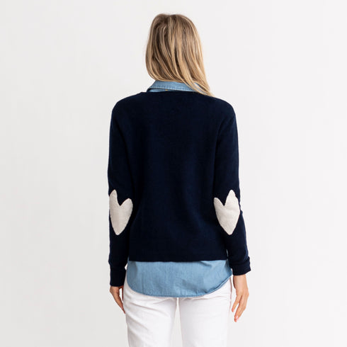 Heart Elbow Patchwork Pullover Long Sleeve Cashmere Sweater Indigo navy blue - cute sweaters by Kerri Rosenthal
