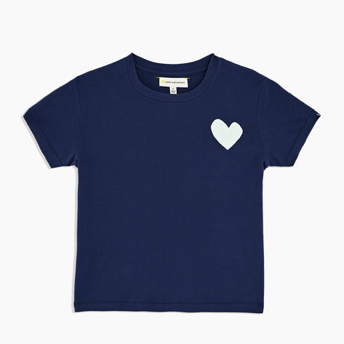 The Suke Tee Contrast Imperfect Heart indigo navy blue tee shirt with white heart - cute designer fashion tees by Kerri Rosenthal
