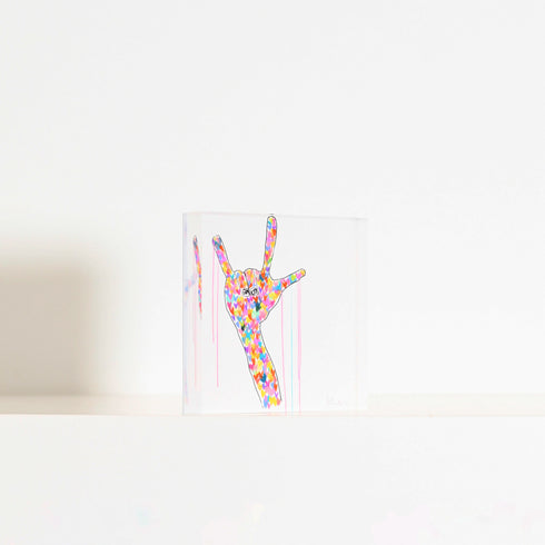 I Love You Block of Love by Kerri Rosenthal. Blocks of Love are signed, mini editions of Kerri Rosenthal's artwork mounted on 3/4" plexiglass acrylic block.