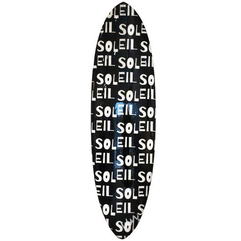 This artistic surfboard features a bold black carbon finish and is signed by Kerri Rosenthal, making it a collectible and functional piece of art.