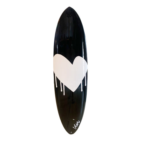 Black and white drippy heart wall decor surfboard by Kerri Rosenthal