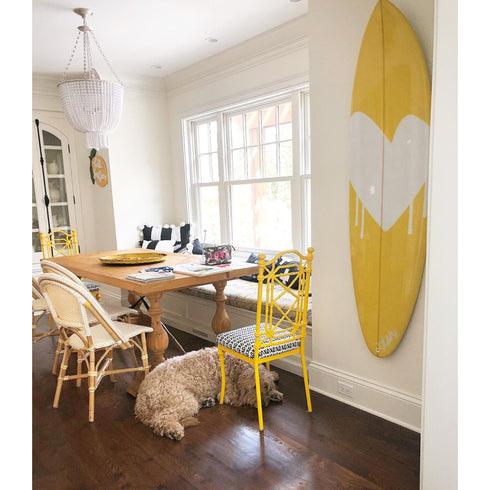 Yellow drippy heart wall decor surfboard by kerri rosenthal