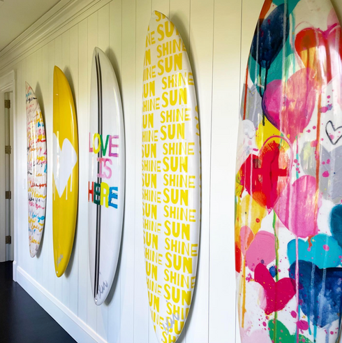 Handmade wall decor surfboard with vibrant art and bold lettering by kerri rosenthal